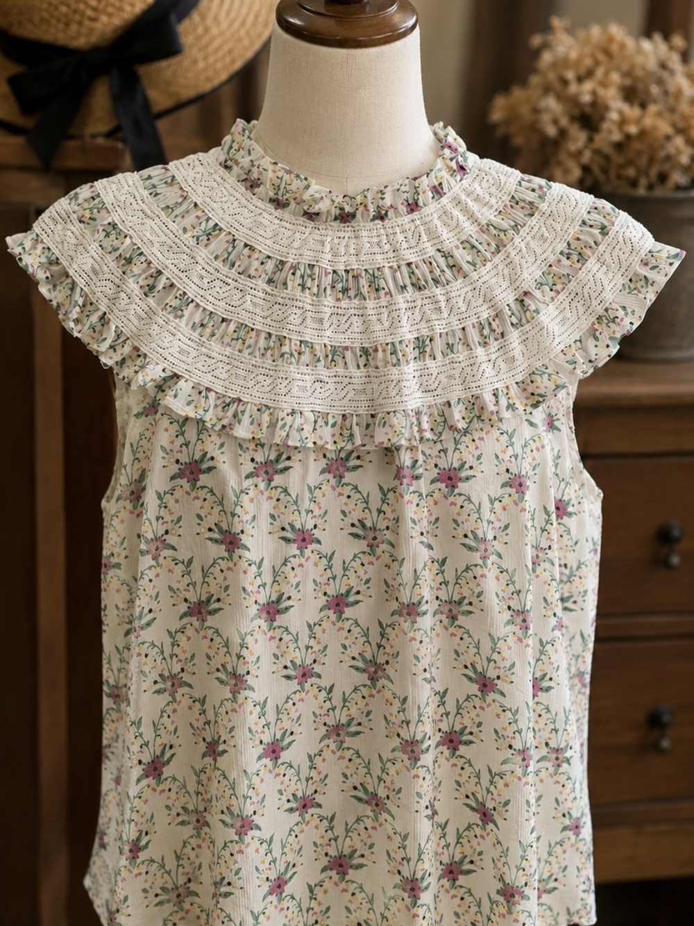 Ann Taylor Cream Floral Ruffle-Yoke Sleeveless Top